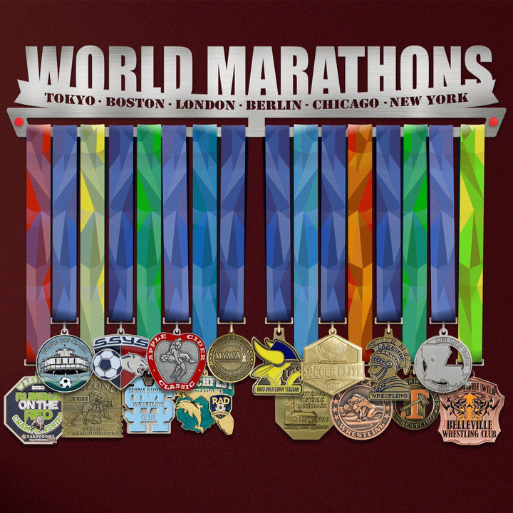 World Marathons Majors Medal Hanger Display Rack V2 holding colorful marathon medals from Tokyo, Boston, London, Berlin, Chicago, and New York.