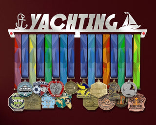 Yachting V2 Medal Hanger Display holding multiple colorful medals with nautical-themed design, ideal for organizing yachting achievements.